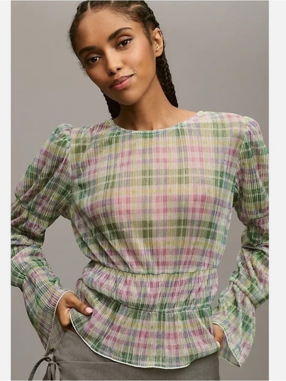 New ANTHROPOLOGIE Porridge long-sleeve sheer sparkly green/lilac plaid top